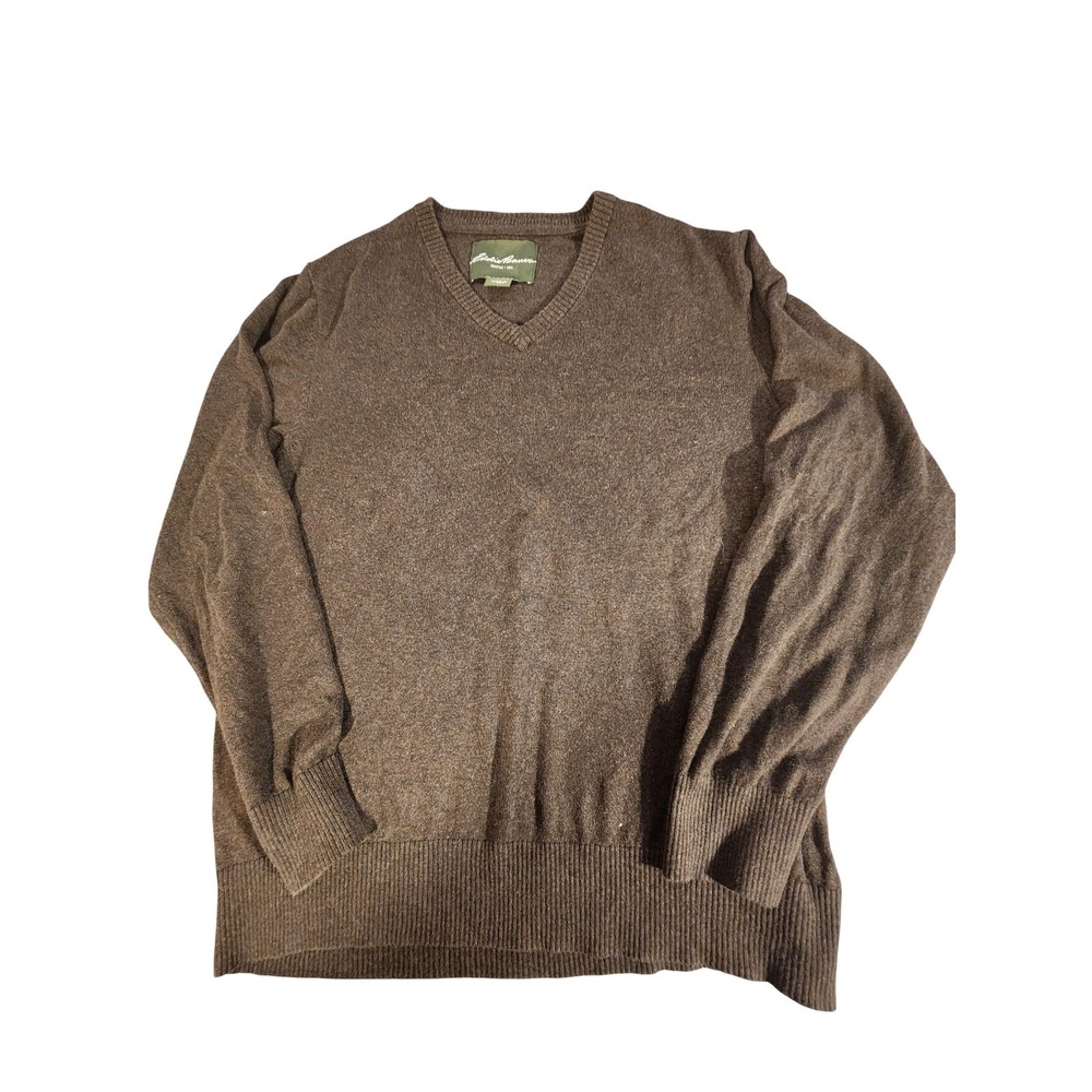 Eddie Bauer Sweater Mens Large Brown Cotton Cashmere V Neck Knit Pullover
